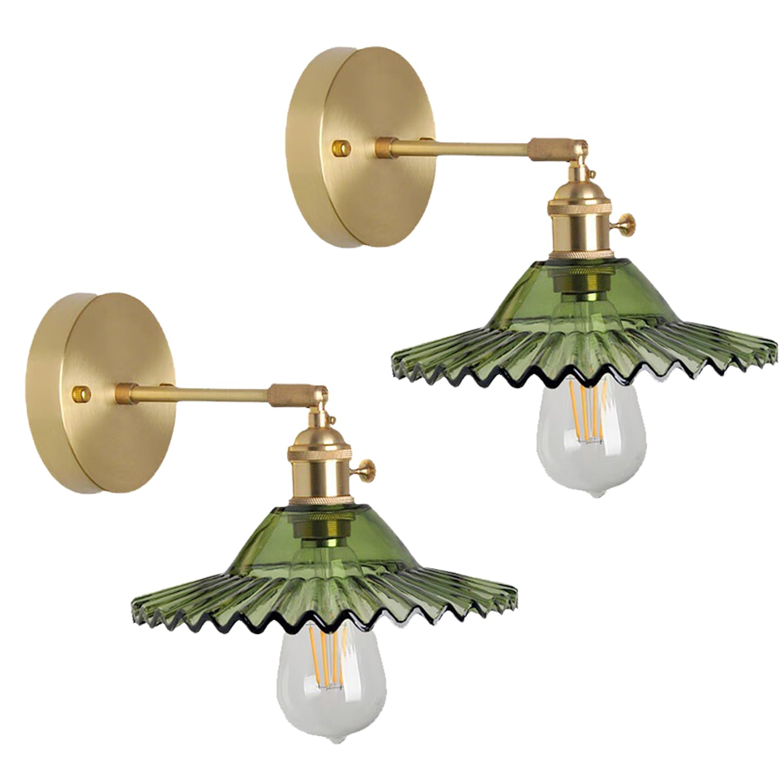 2 Pack Lámparas de Pared con Pantalla de Cristal, Iluminación de Pared Moderna E27, Lámparas de Pared de Cristal Verde, Lámparas de Pared Ajustables para Dormitorio Baño Salón
