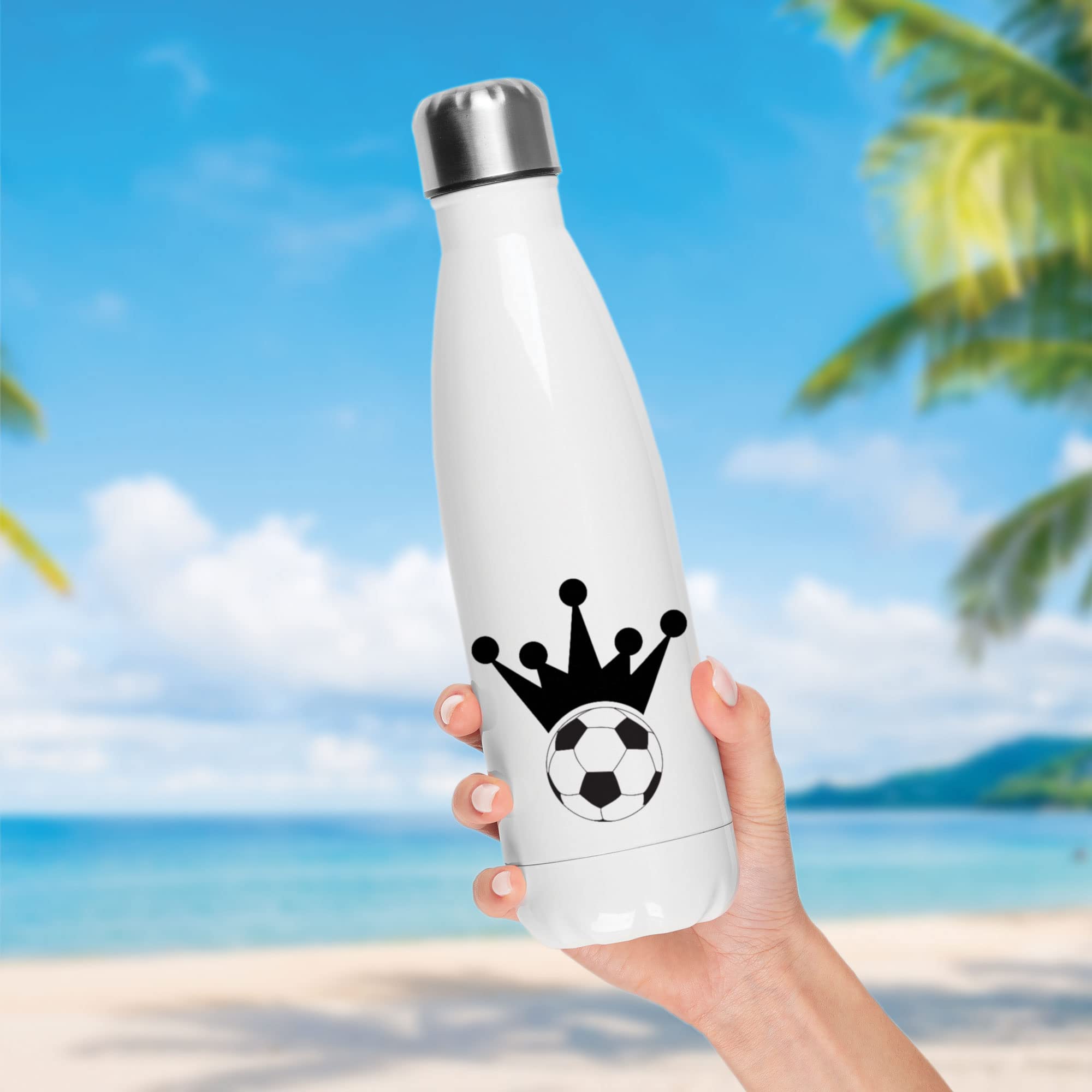 Weiße Thermosflasche mit Fußball-Motiv