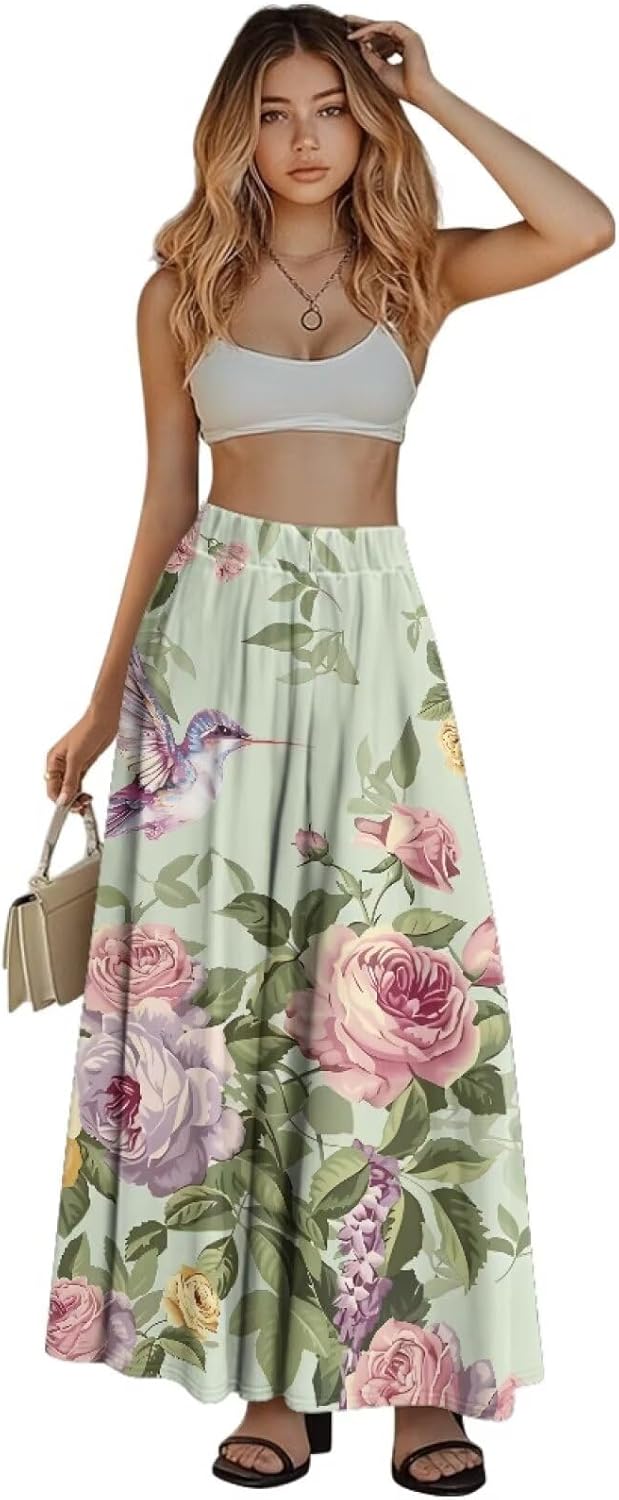 COEQINE Art Boho Skirts for Ladies Women's Dress Basic Elastic High Waisted Stretch Skirt Long Lenght with Pocket S-2XL