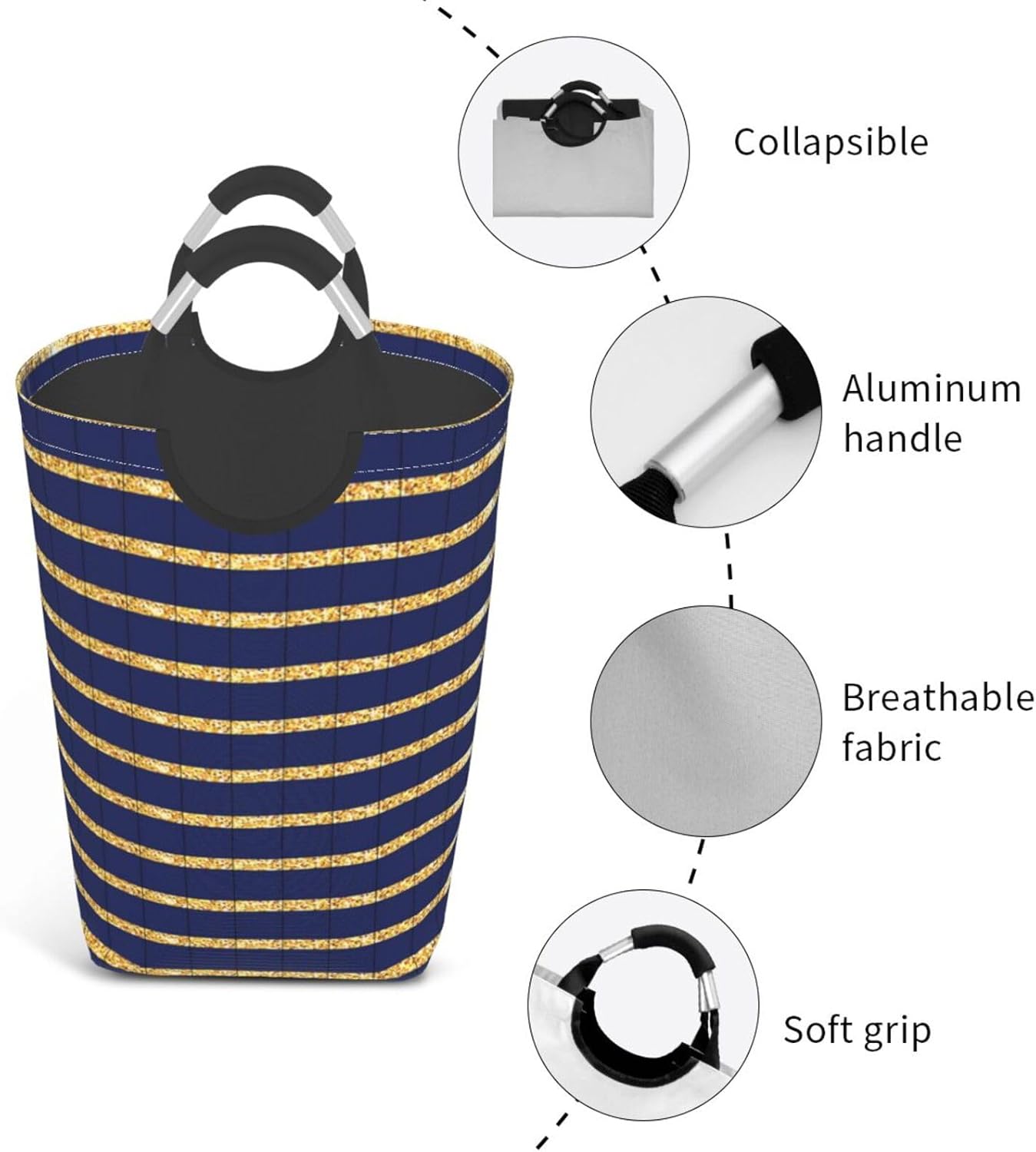 Large Laundry Basket, Nautical Navy Blue and Gold Striped Laundry Hamper Bag Collapsible Washing Bin With Handles for College Dorm, Family Essentials Storage