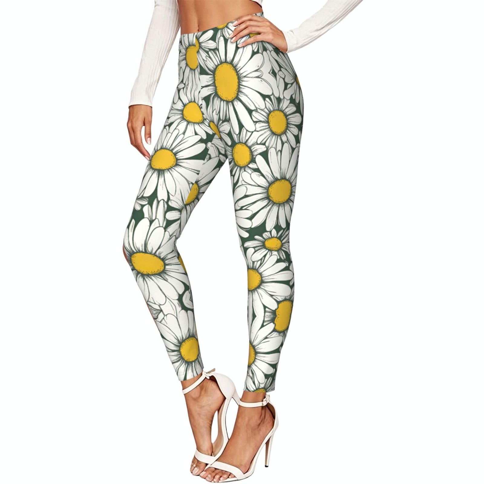 Leggings blancos de margaritas para mujer pantalones deportivos suaves de gimnasio 7