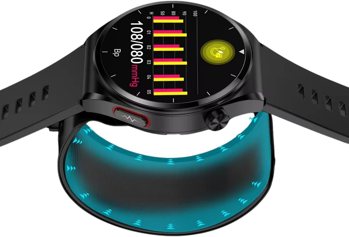 Spovan Electro 2X Smart Watch showing a historical blood pressure graph with readings over time.