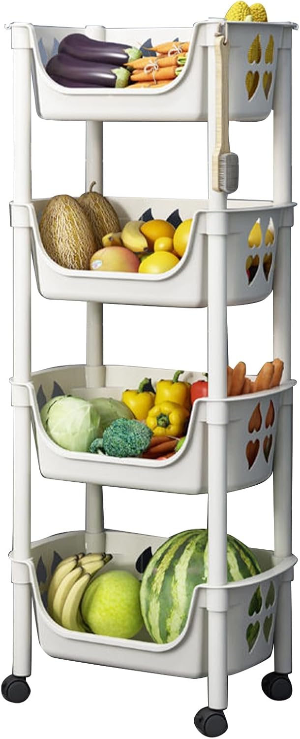 Kitchen Storage Shelf Multi Tier Mobile Toy Snack Fruit Vegetable Utility Cart Shelving Unit (Beige)