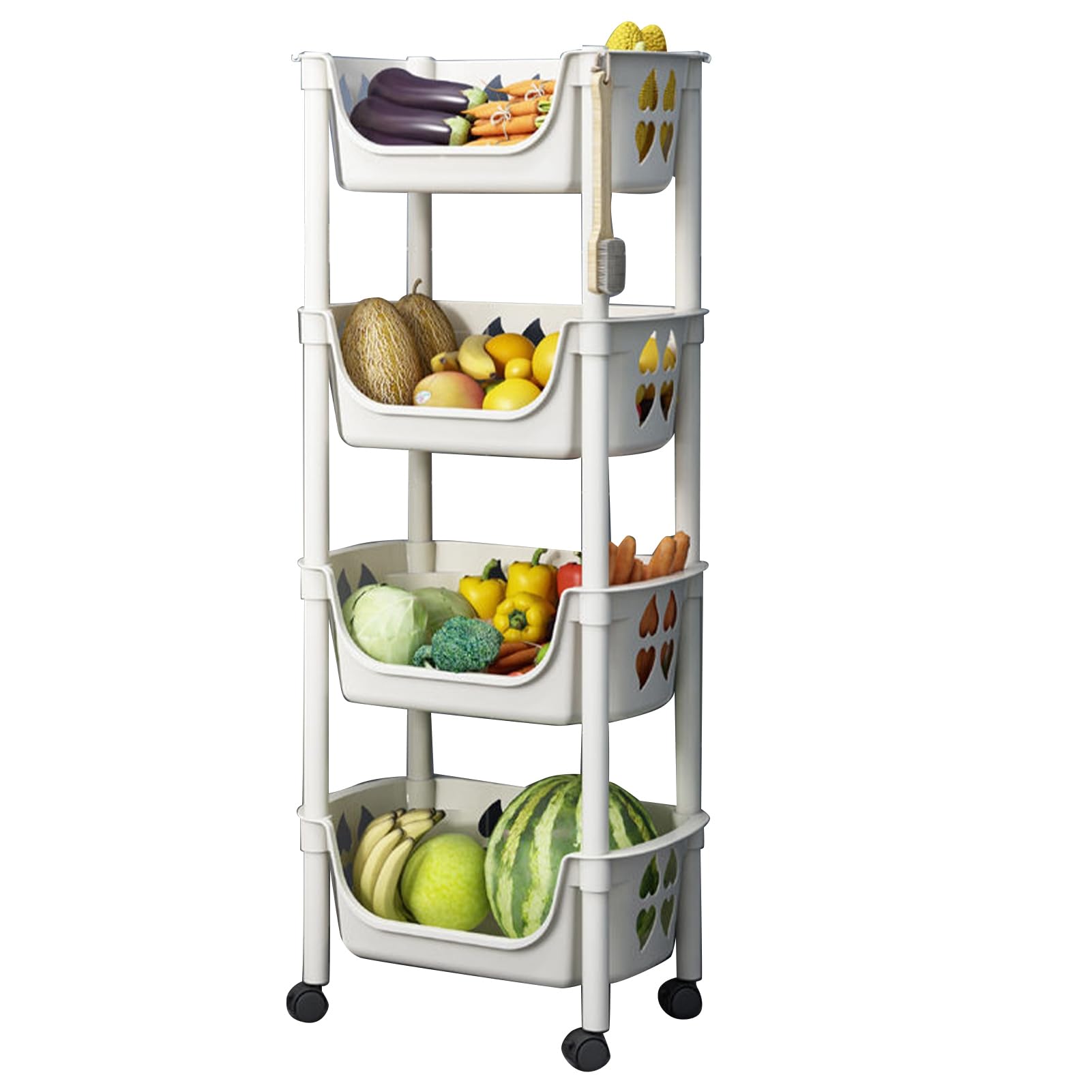 Estante de almacenamiento de cocina con ruedas, cesta de frutas y verduras, estante de almacenamiento de alimentos de varios niveles para cocina, despensa, baño, sala de estar (beige)