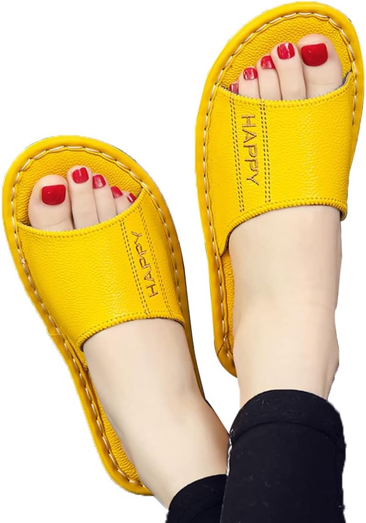 Genuine Leather Open Toe Summer Sandals, Unisex Cowhide PU Non Slip Home & Outdoor Comfy Slippers