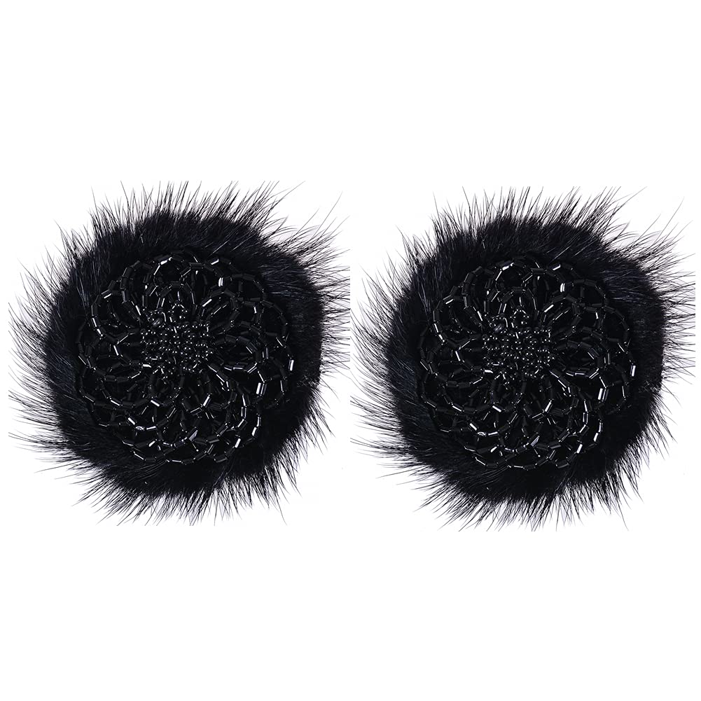 1 Pair Fluffy Mink Fur Pompom Decorative Shoe Clips Crystal Beaded Shoe Buckle Formal Ornament Charm (Black)