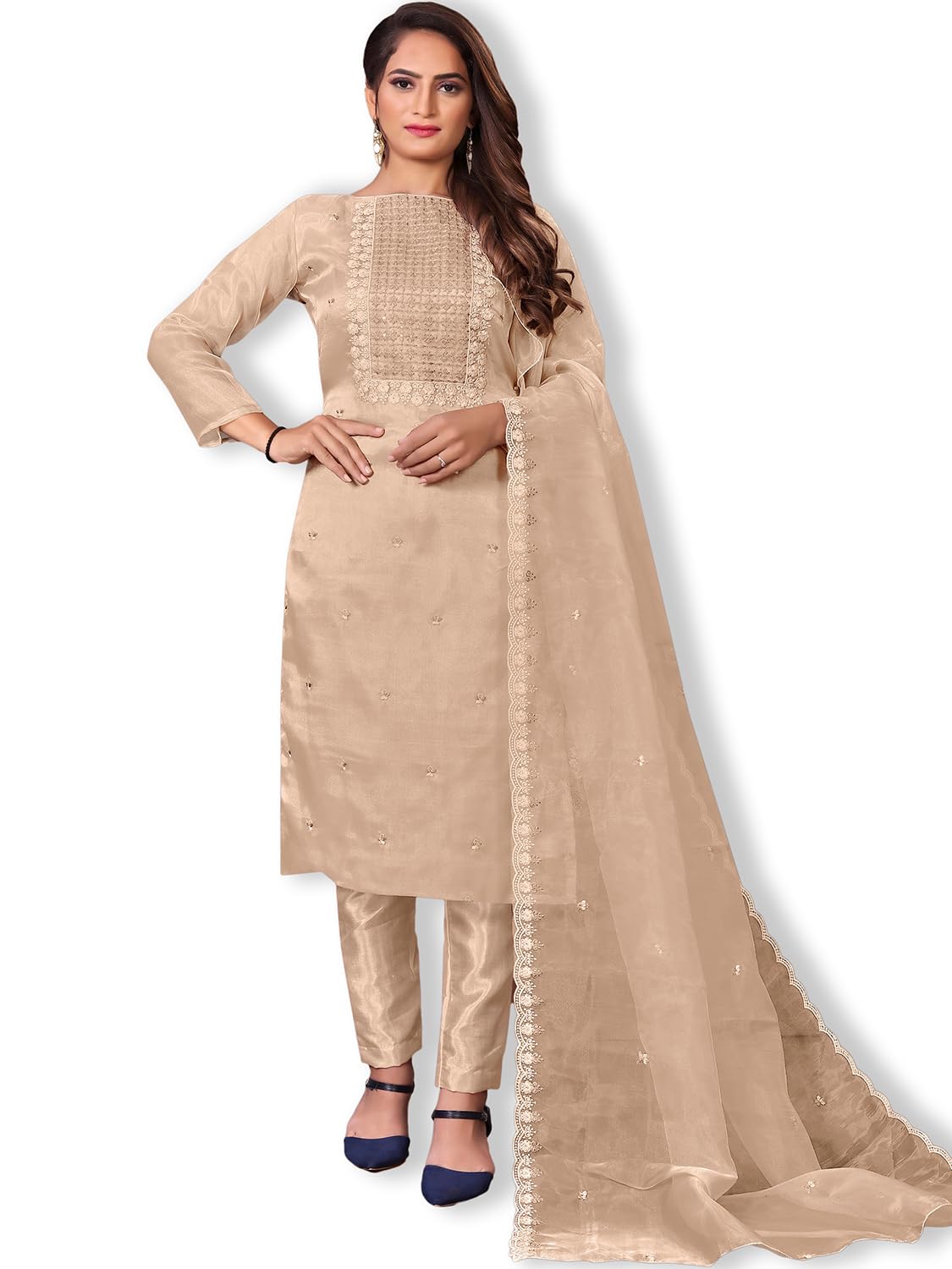 leeza store Women's Shantoon Thread Work Dress Material With Organza Dupatta-picture-41