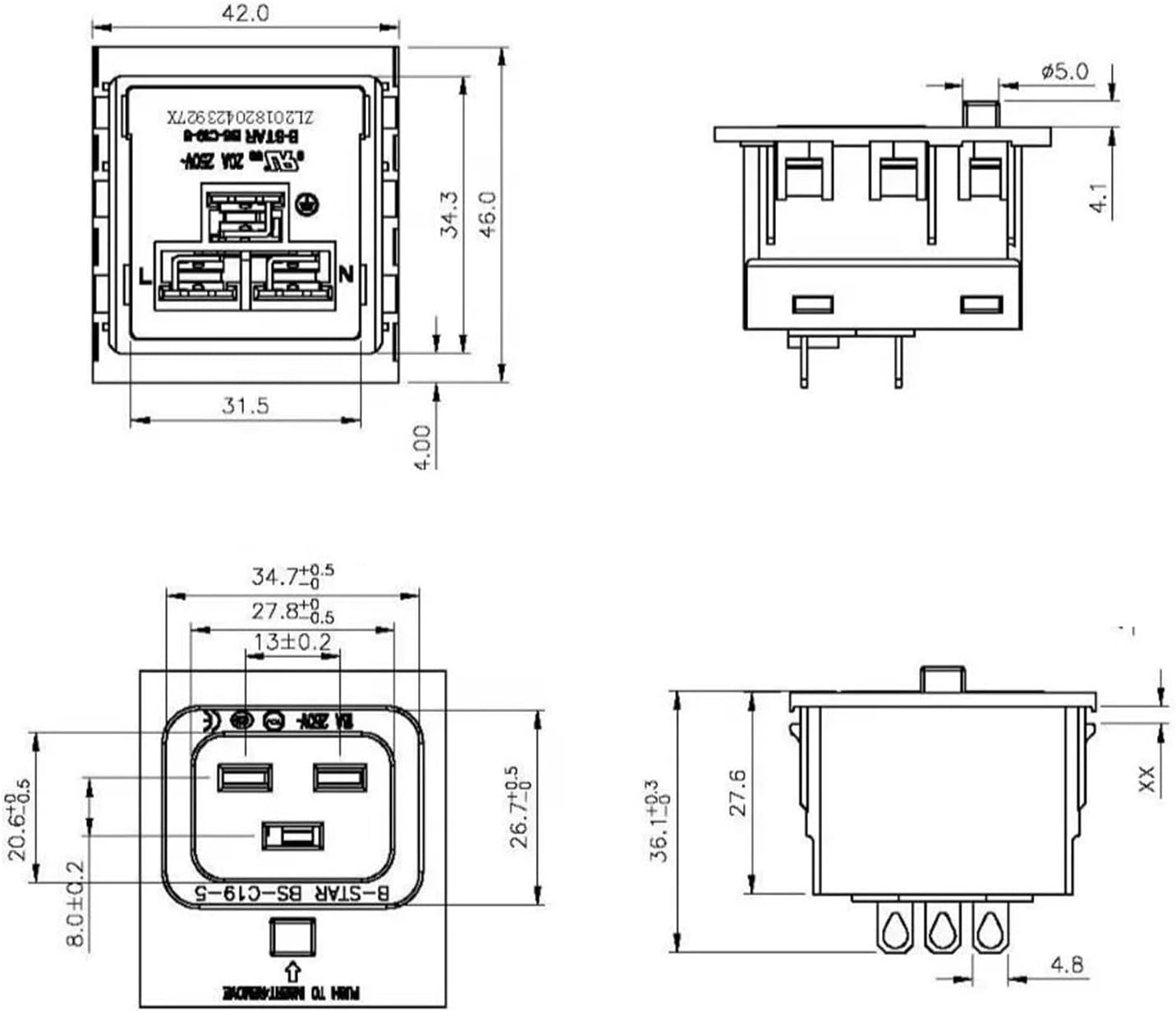 20A 16A C19 Butt Plug PDU UPS Outlet Socket Red Locking Anti Stripping Button Switch(AL121808F-04a/RG+Two Lights)
