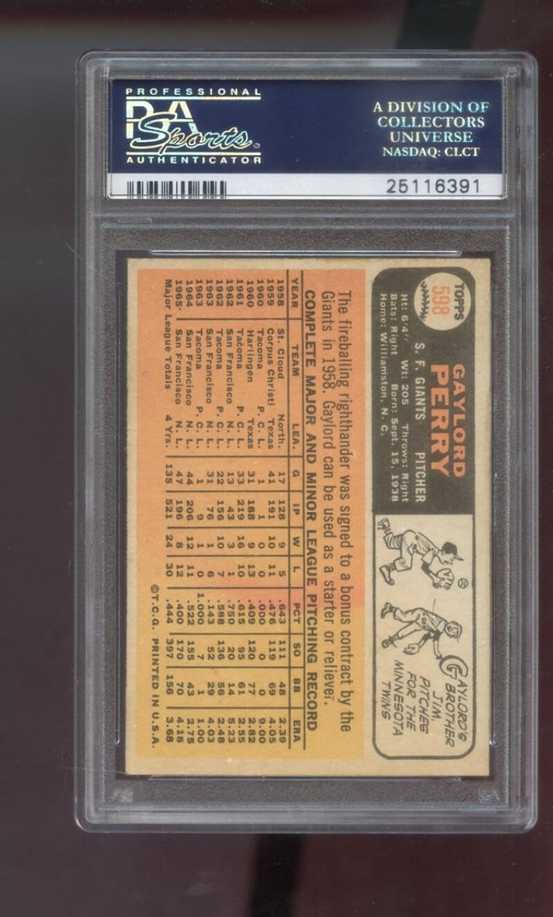 1966 Topps #598 Gaylord Perry PSA 6 Graded Baseball Card MLB San Francisco Giants HIGH NUMBER SHORT PRINT SP HN