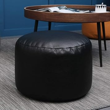 Upholstered Footstool Foot Stool Round Pouf Ottoman Modern PU Leather Linen Fabric Two Material Pouf Ottoman Removable Living Room Bedroom Children Color Black, Size 45x45x28cm18x18