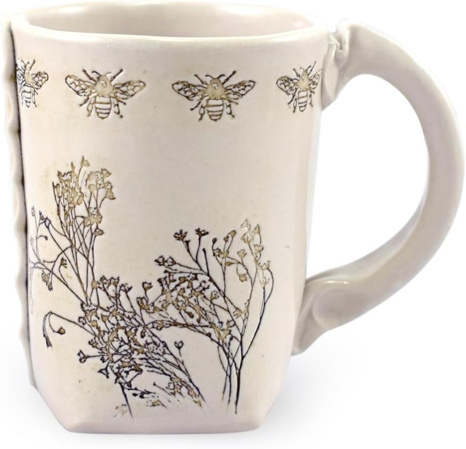 Honeybee Glee Slab-Built Stoneware Pottery Mug, 12-oz, Handmade in the USA
