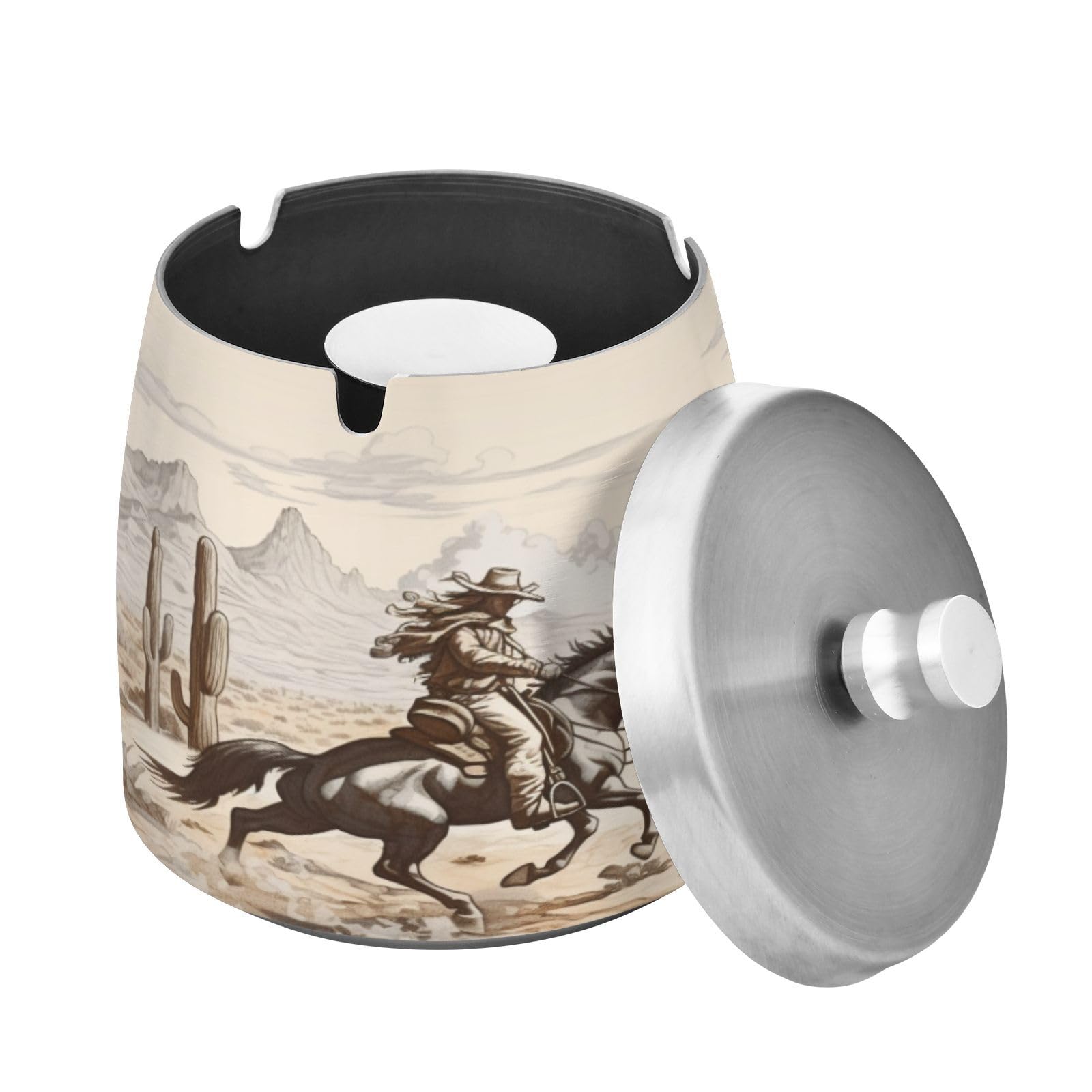 SKYSHU Western Cowboy Ashtray with Detachable Lid and Anti-Skid Pad, Scrath-Resistant Stainless Steel Cigarette Ashtray Smokeless Odorless Windproof Cigar Ash Tray for Smoker Indoor Outdoor Use