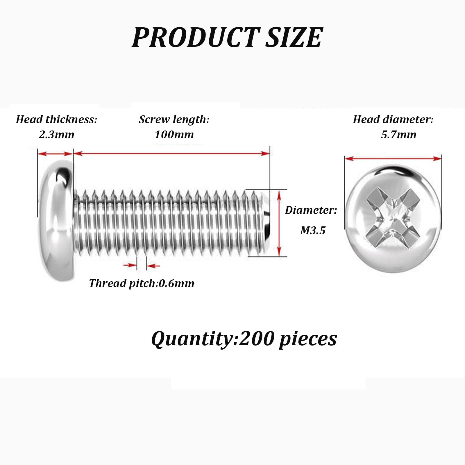 COYOUCO Tornillos de Cabeza avellanada Cruzada M3.5 de Acero Inoxidable 304, Pernos Largos, 65 mm-100 mm, 200 Piezas por Paquete,100mm