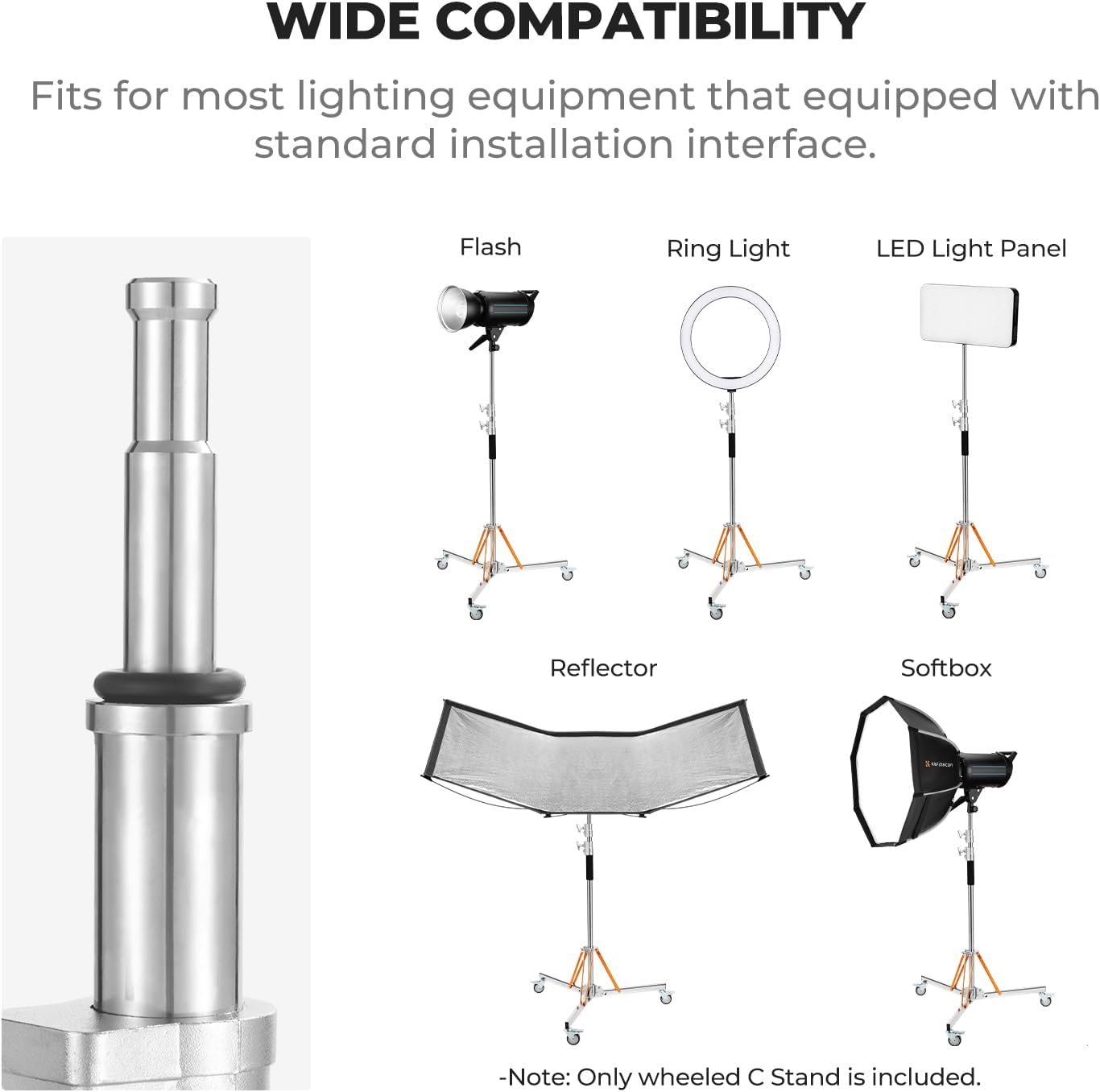 K&F CONCEPT Heavy Duty Light Stand with 360° Swivel Casters & Step-On Brakes, 10ft/305cm Adjustable Stainless Steel Tripod Stand for Studio Photography, Supports COB Lights, Softboxes up to 30kg/66lb