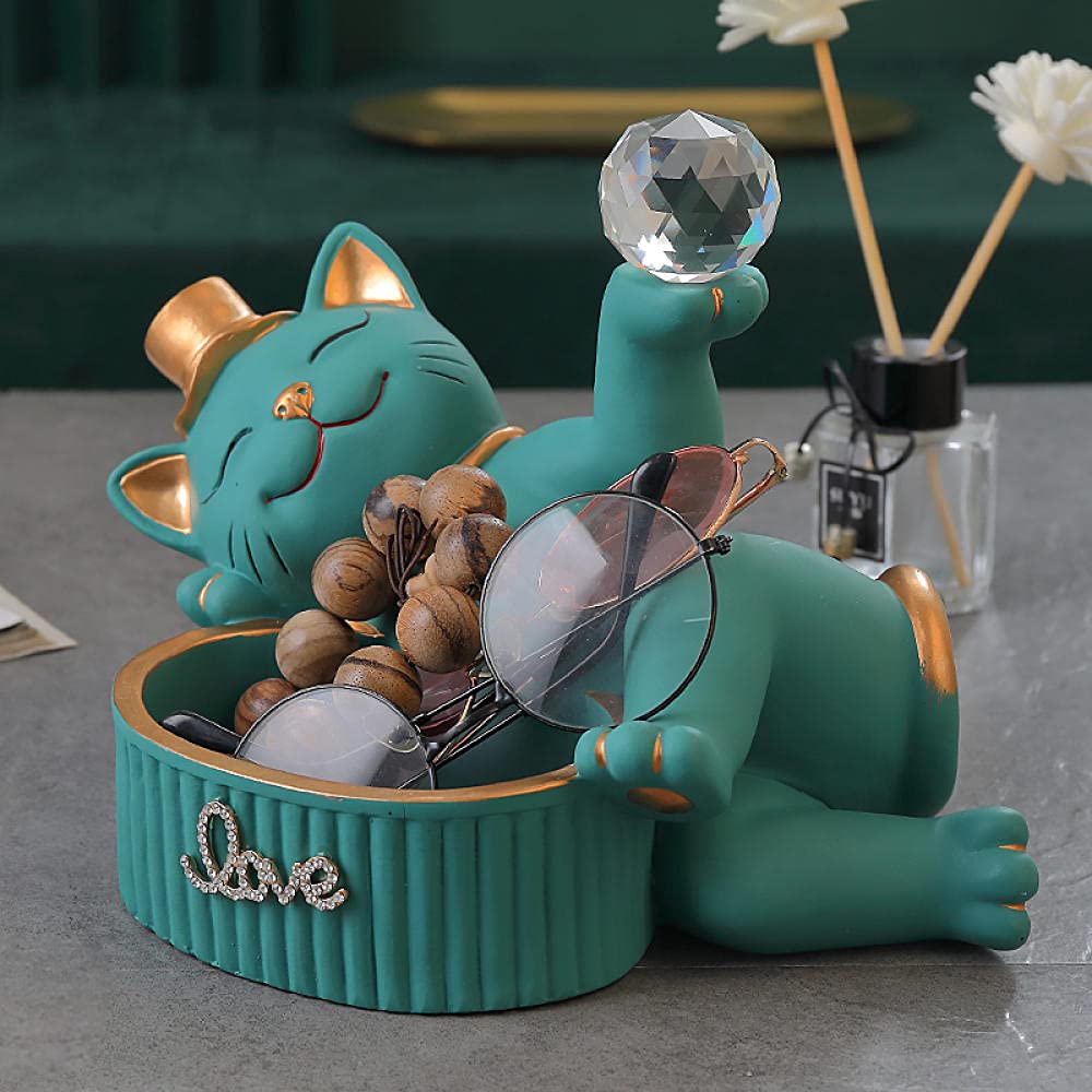 UDRJU Statua Decorativa Caja De Almacenamiento Creativa para Gatos con Bola De Cristal, Decoración del Hogar-A