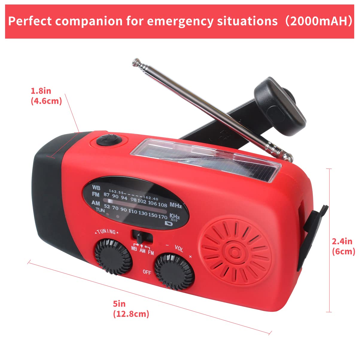 Radio a manovella solare di emergenza aggiornata con torcia a LED, radio meteorologica portatile Am Fm NOAA, caricabatterie per cellulare con banca di energia solare da 2000 mAh per casa e all'aperto