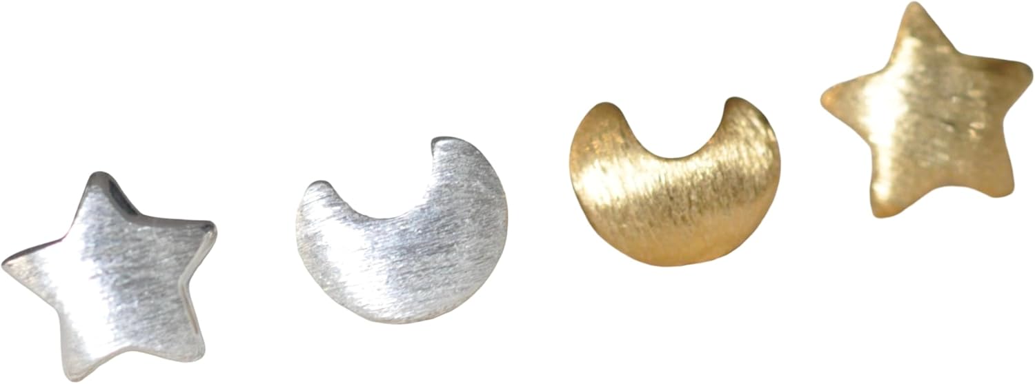 Mismatched Tiny Star and Moon Stud Earrings in Gold Finish