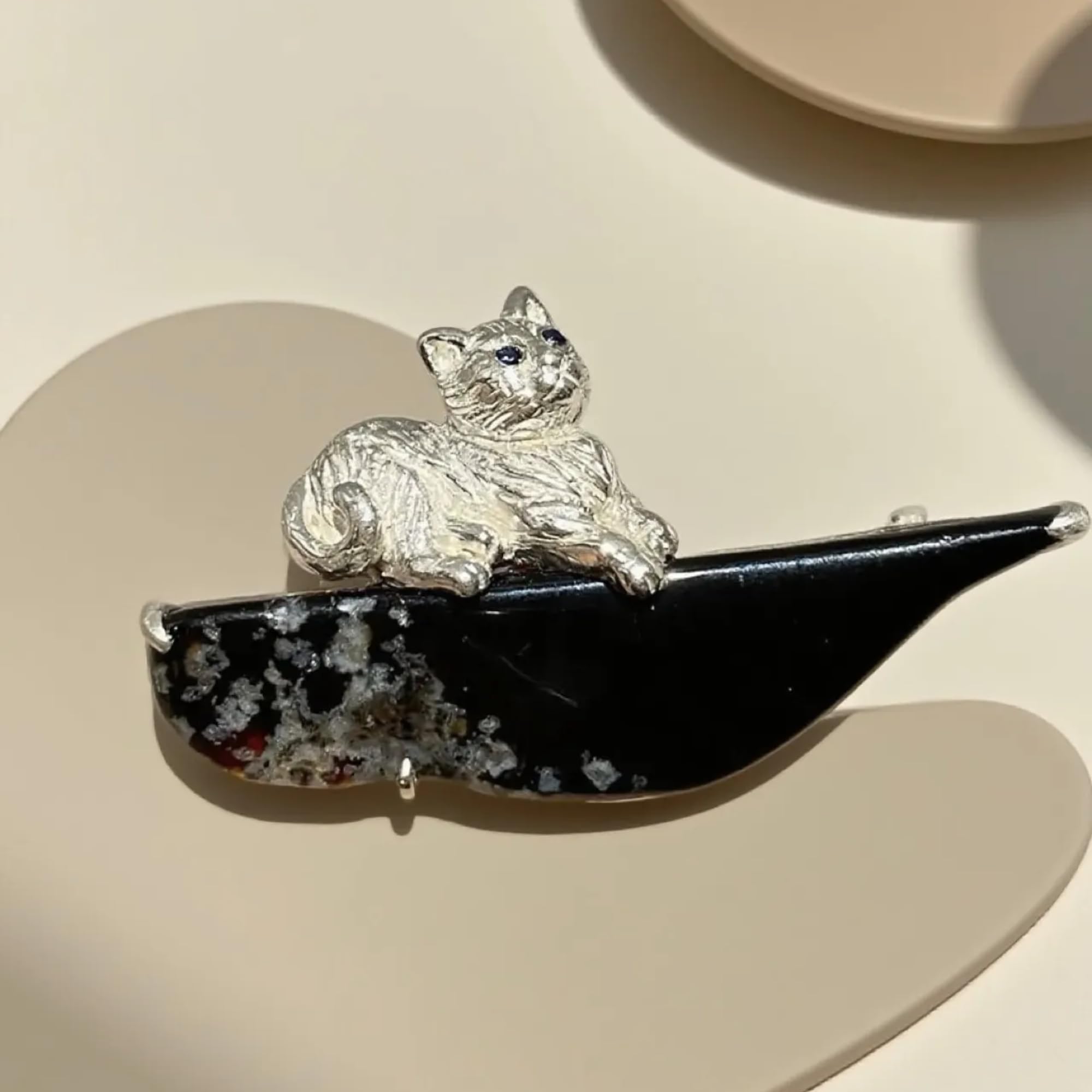 925 Silber Katzen Anhänger & Brosche, Handgefertigt, Edelstein Schmuck für Schutz & Harmonie, Geschenkidee Unisex