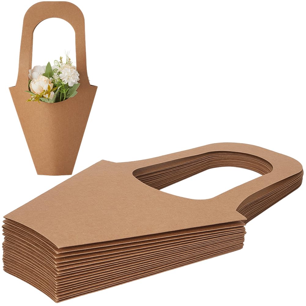 GORGECRAFT 20 bolsa de Regalo de Flores de Papel Kraft Marrón con Asa Cesta de Ramo En Forma de Cono de 42x23cm Envoltura de Flores para Regalo de Boda Cumpleaños San Valentín Floristería Fiesta