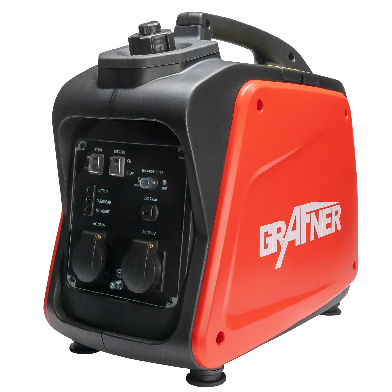 Grafner Inverter Stromerzeuger 2200 W (2 KW Dauerleistung), Benzinbetrieb 4 Takt, 2x 230V, Invertertechnologie für empfindliche Geräte, leicht robust, digitaler Benzin Generator Notstrom Aggregat