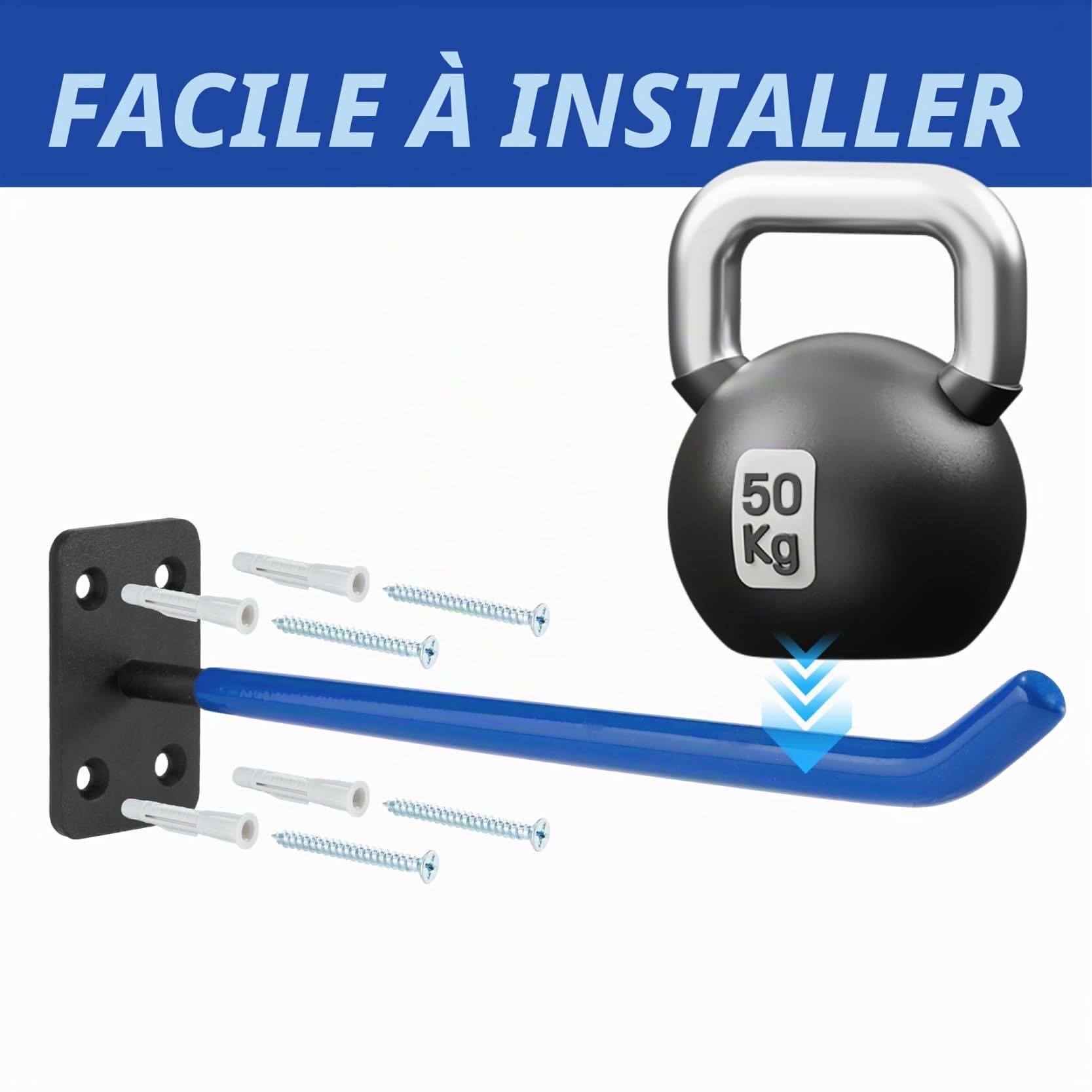 Lot de 4 porte-pneus muraux - Grands crochets de garage - Bleu - Organisateur de garage - Convient pour tuyaux d'arrosage, chaises pliantes et échelles