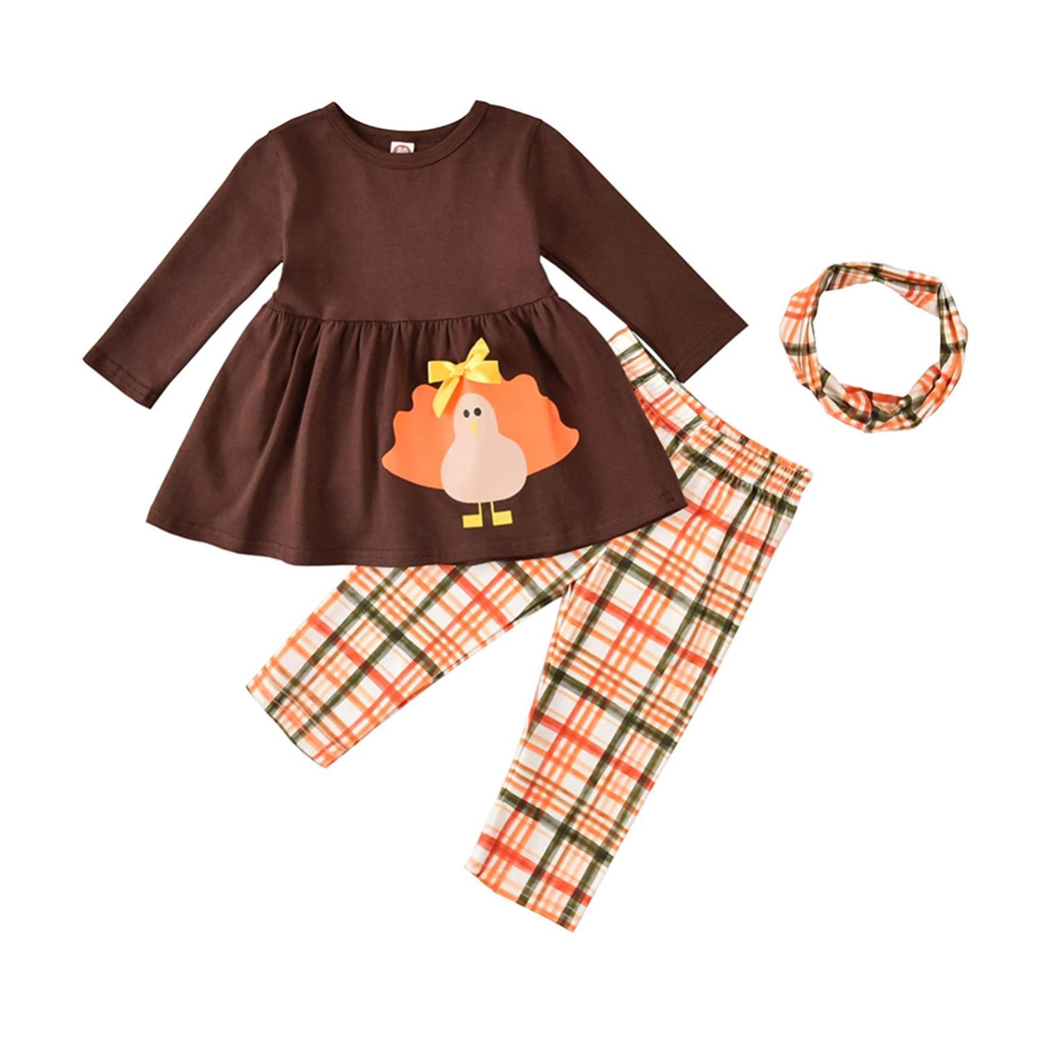 Toddler Kids Baby Girl Thanksgiving Outfit Turkey Long Sleeve Tunic Top Dress Flare Pants Leggings Clothes Set (Leggings-Plaid,2-3T)