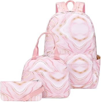 JiaYou Teens Girls Backpack Sets 3Pcs Daypack with Lunch bag Pencil case marble pattern printPink,20Liters