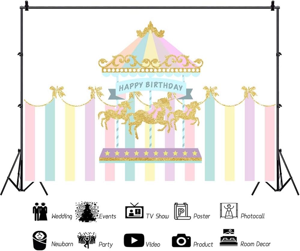 Best Quality 🔥 AOFOTO 7x5ft Polyester Baby Girl Happy Birthday Backdrop Pink Striped Tent Merry-go-Round Golden Horses Carousel Background for Kids Bday Party Decoration Birthday Photo Studio Props No Wrinkle