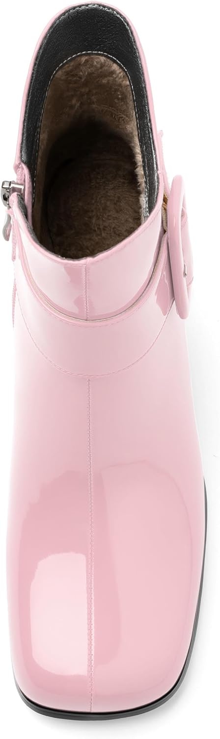 Women's Mid Heel Ankle Boots Square Toe Chunky Heel Short Boots Fashion Side Zipper Solid Patent Booties Comfortable Work Casual Boots - Image 3