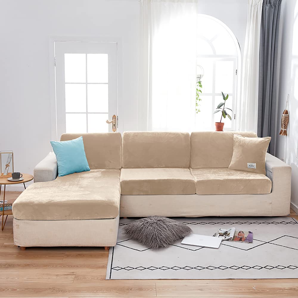 Funda de cojín de Asiento de sofá de Terciopelo Supersuave para Sala de Estar Protector elástico elástico en Forma de L Funda de sofá para sillón de Esquina-Beige, Talla Grande (L)-1pc