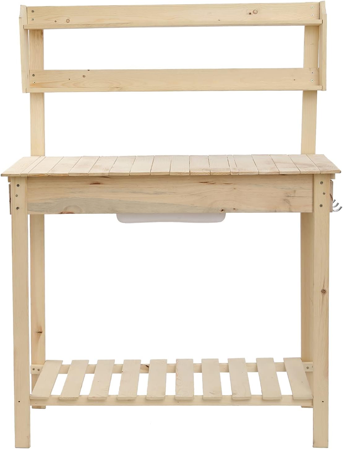 Outdoor Garden Potting Bench Table Wooden Work Station Natural Wood Workbench Backyard Workstation Patio Furniture Tabletop Removable Sink Drawer Rack Shelves with Open Storage Shelf and Hook
