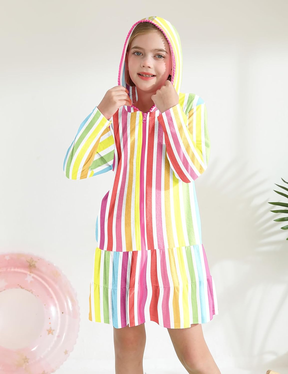 LUCKYGAL Girls Swim Cover Up Kids Long Sleeve Swimsuit Coverup Terry Beach Pool Clothes with Sunglasses - Image 4