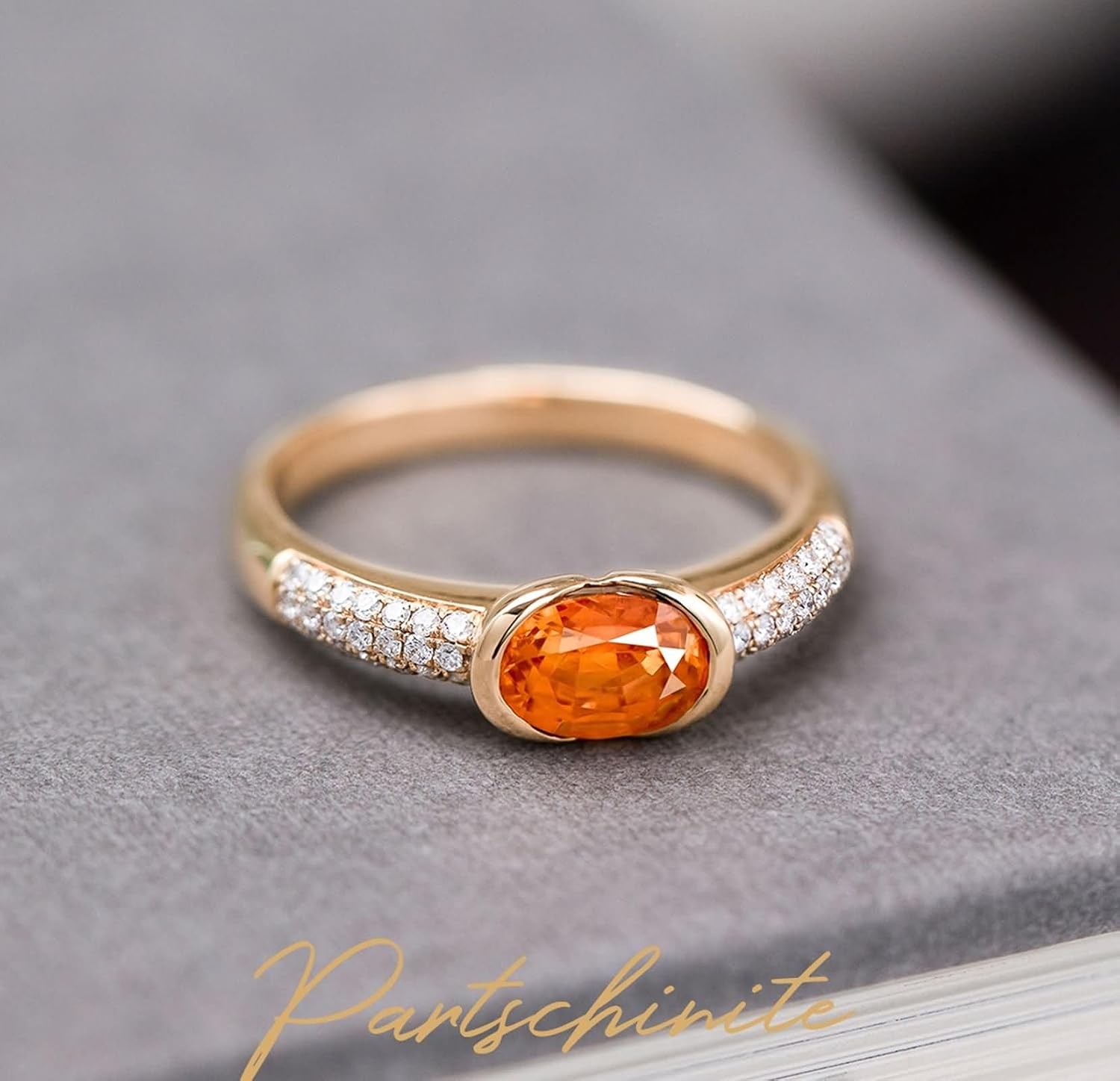 Engagement Ring 9ct / 14ct / 18ct Gold Women, Oval with 1.41ct Mandarin Garnet and Diamond, Gold Orange Womens Wedding Band