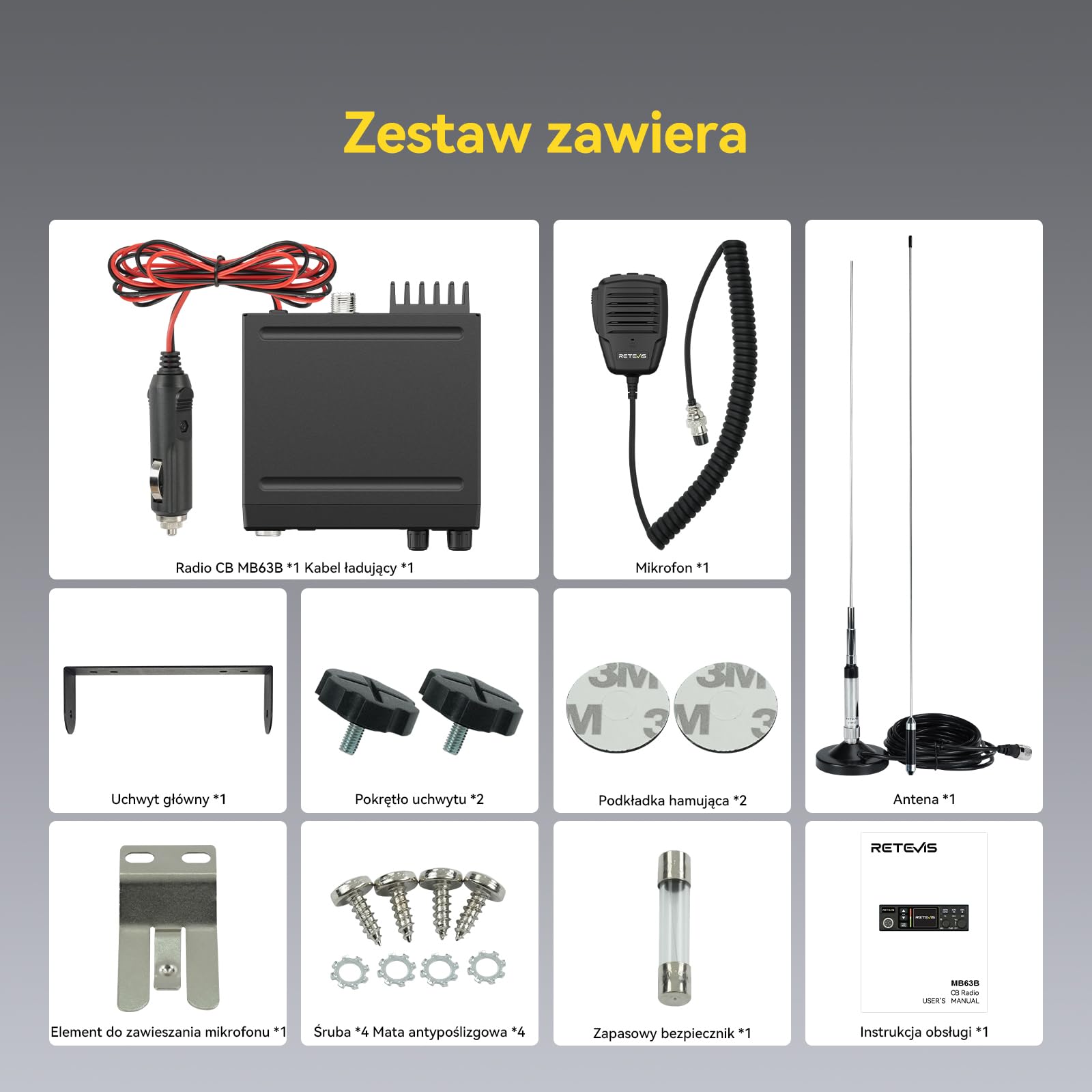 Retevis MB63B Radio CB z anteną, AM/FM, Kolorowy Wyświetlacz Lcd, Redukcja Szumów Nrc, Ctcss/Dcs, Vox, 40 Kanałów, Emg 9/19 Kanałów, Radio Cb Dla Zespołów Terenowych (1 Sztuka, Czarne)