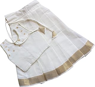 Picksparrow Kerala Kasavu Cotton Baby Girl Pattupavada/Lehenga Choli/Full-Skirt Blouse Set (Colour - Off White and Golden)...