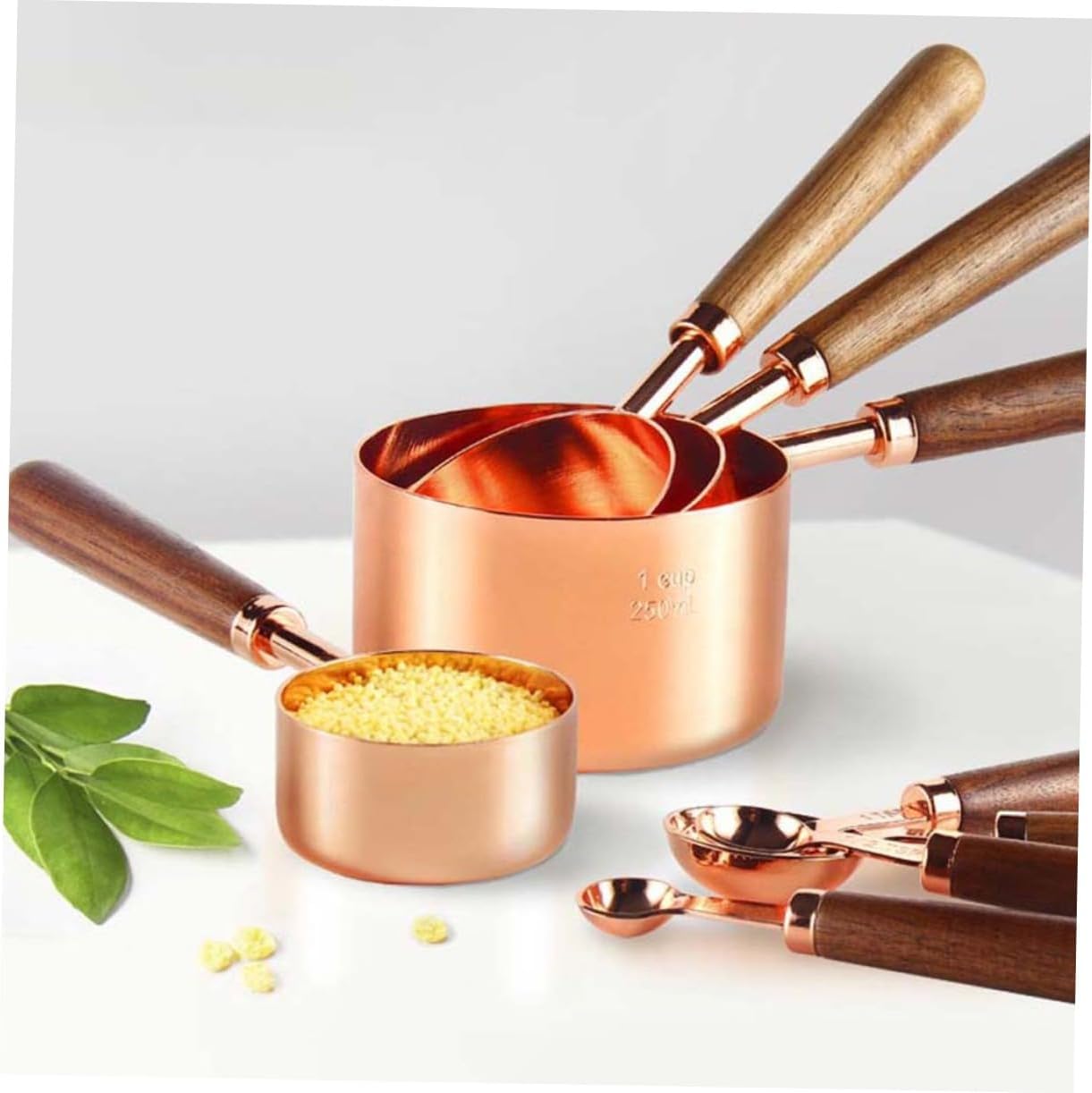 Cabilock Stainless Steel Measuring Cup and Spoons Walnut Handle Kitchen Tool Multifunctional Rose Gold