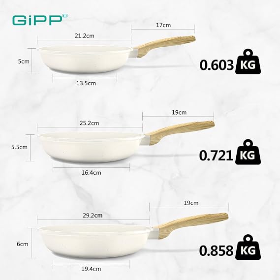 GiPP Nonstick Skillet Frying Pan,Granite Non Stick Pans,Omelette Pan with Heat-Resistant Handle,Compatible with All Stovetops,PFOA Free(White, 20+24+28cm)