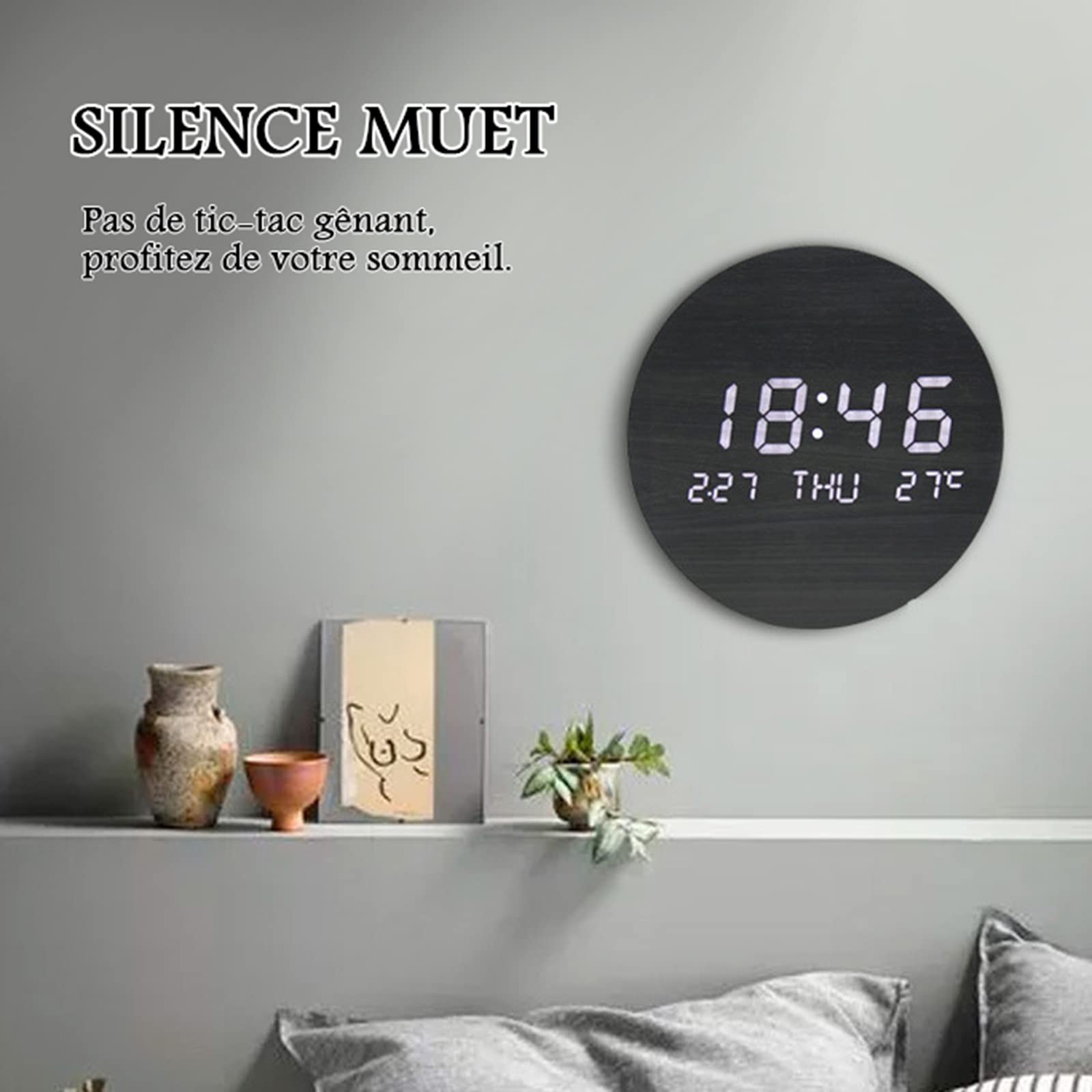 BIGFOX Horloge Murales NuméRique à LED avec Afficher la Date et la TempéRature,Horloge Silencieuse en Bois pour Chambre,Cuisine,Bureau