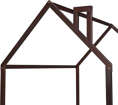 Miniatura 60 de Merax Cama de madera de tamaño individual con techo, se puede decorar para niñas, niños, cama de piso de madera, color espresso