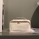 Prite Makeup Bag for Women Travel Waterproof Vegan Leather Cosmetic Bag Open Flat Toiletry Bag with Clear Divider and Handle (Beige) | Clear Divider, 2 Compartments, Waterproof, Vegan Leather, Elastic Slot, Handle, Lightweight, Large Capacity, Easy C