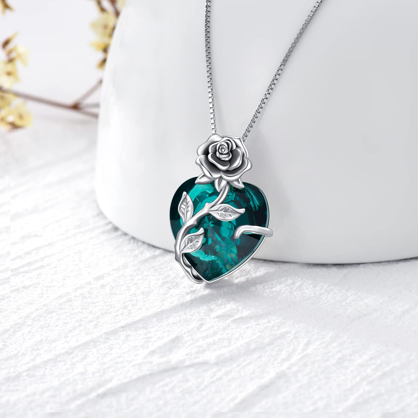 TOUPOP Halskette Damen Silber 925 Rosen Kette mit Geburtsstein Herz Anhänger Schmuck Geschenke für Frauen Sie Freundin Ehefrau Mama zum Geburtstag Hochzeitstag Jahrestag