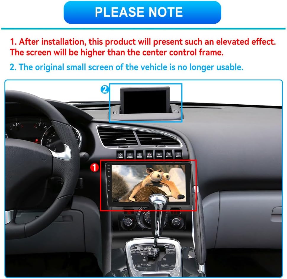 Image showing the car radio installed in a Peugeot 3008 dashboard, with notes about screen height and original screen usability.