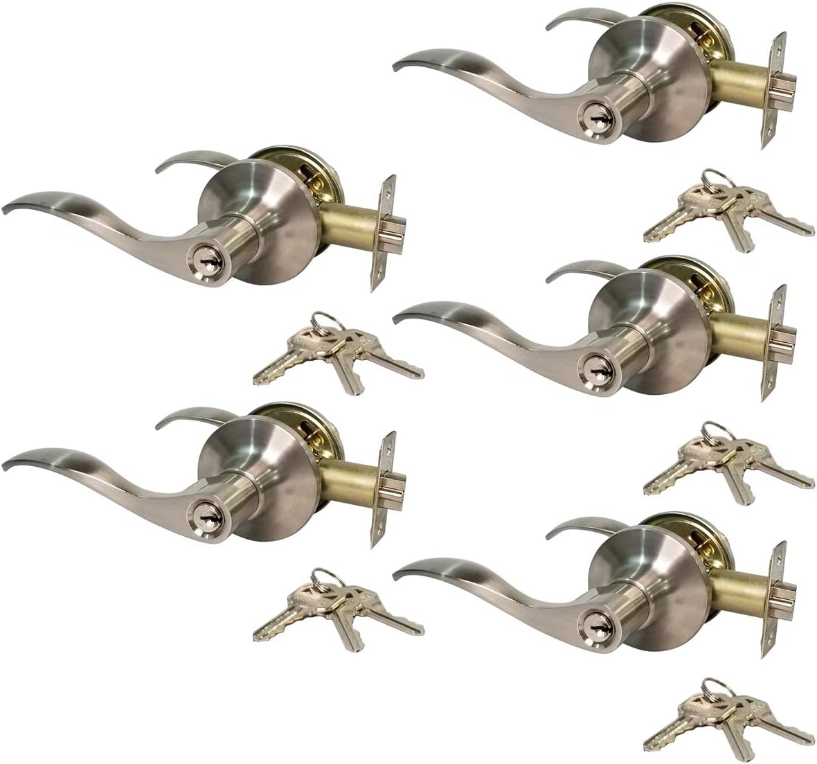 5 x Lever Door Lock Entry Keyed Cylinder Wave Handle with Keys Stainless Steel Finish KW LH