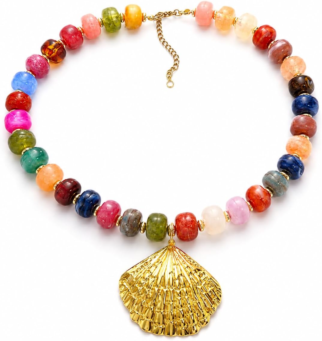 Chunky Beaded Starfish Shell Necklace for Women Gold Seashell Star Beaded Necklace Colorful Star fish Statement Necklace Summer Beach Jewelry Gifts