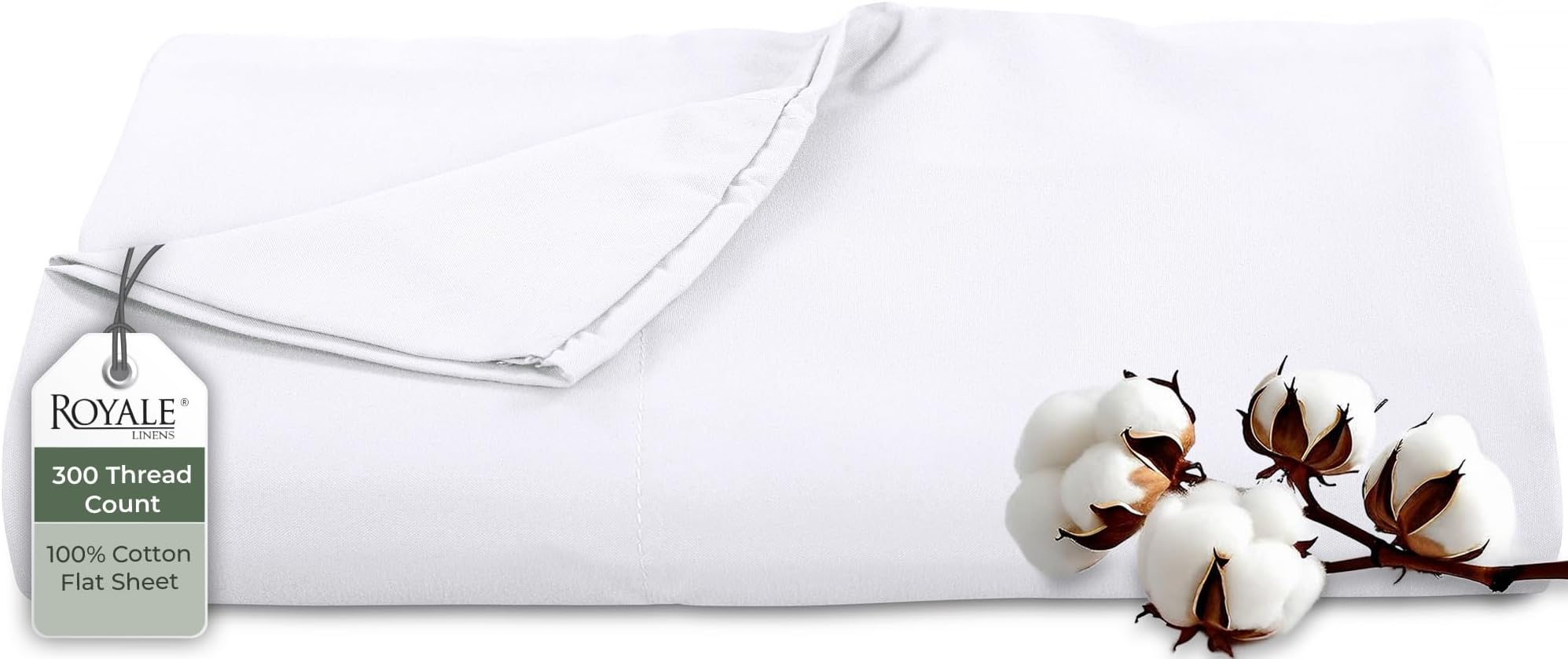Royale Linens 300 Thread Count 100% Long Staple Combed Cotton Flat Sheet - Super Soft - Top Sheets - Queen Flat Sheet Sold Separately - Breathable, Cool & Crisp Percale Sheets Only (Queen, White)