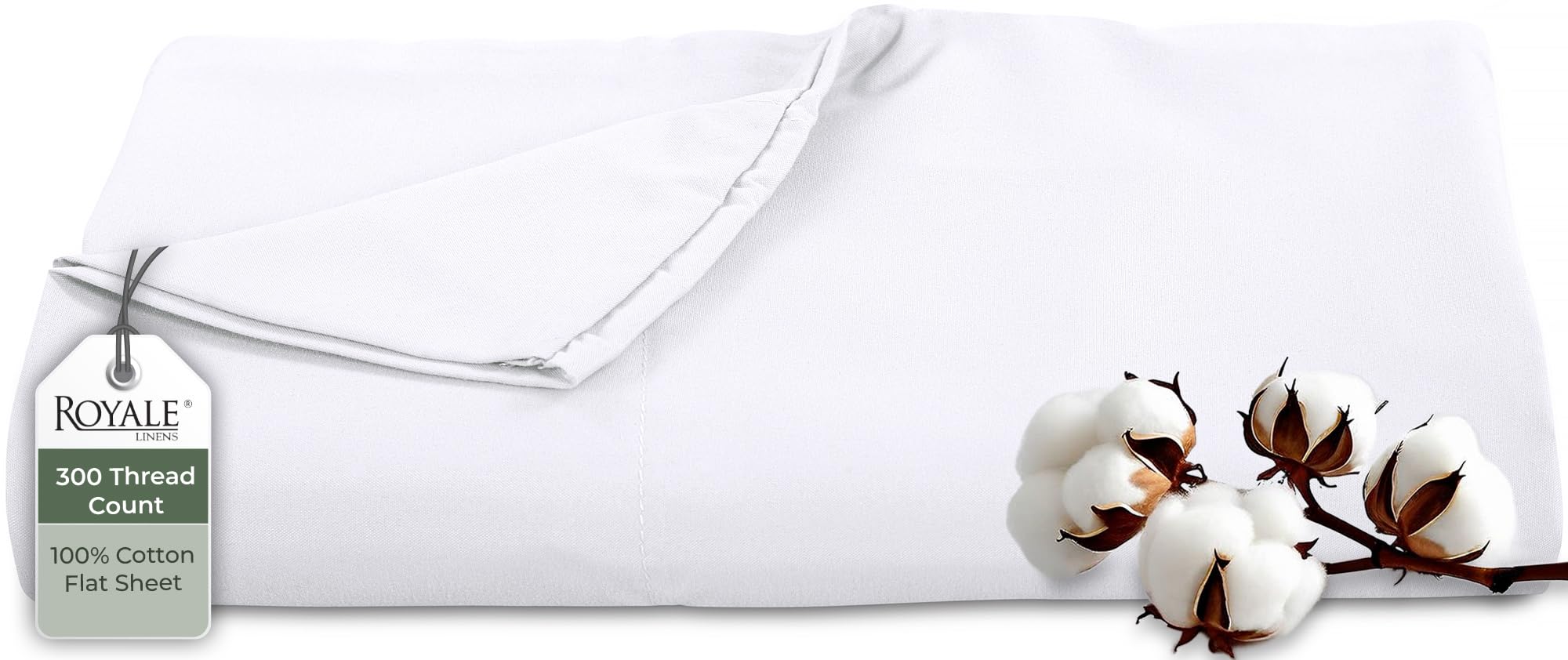 Royale Linens 300 Thread Count 100% Long Staple Combed Cotton Flat Sheet - Super Soft - Top Sheets - Queen Flat Sheet Sold Separately - Breathable, Cool & Crisp Percale Sheets Only (Queen, White)