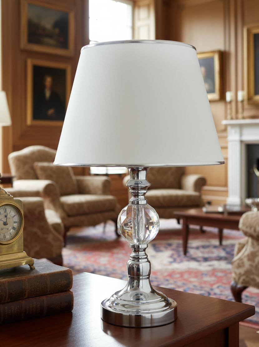 Lampshade Table Lamp with Chrome Legs, Large Crystal Stone Chrome Stripe, White Fabric Hat [Energy Class A]