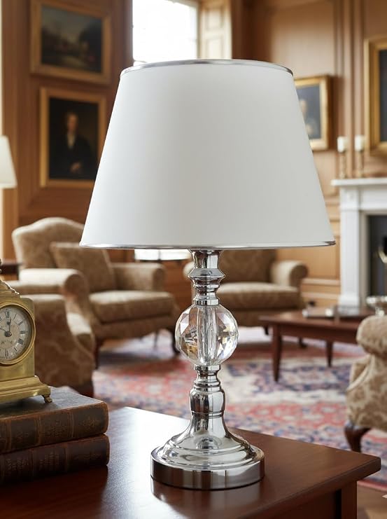 Lampshade Table Lamp with Chrome Legs, Large Crystal Stone Chrome Stripe, White Fabric Hat [Energy Class A]