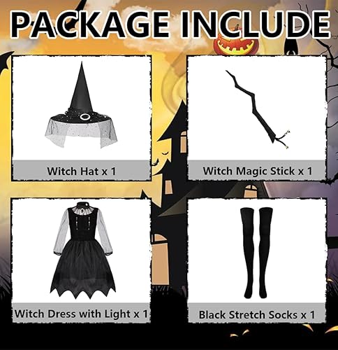 Miniatura 2 de Disfraz de bruja iluminado para niñas, disfraz de Halloween de princesa oscura con sombrero puntiagudo, varita mágica