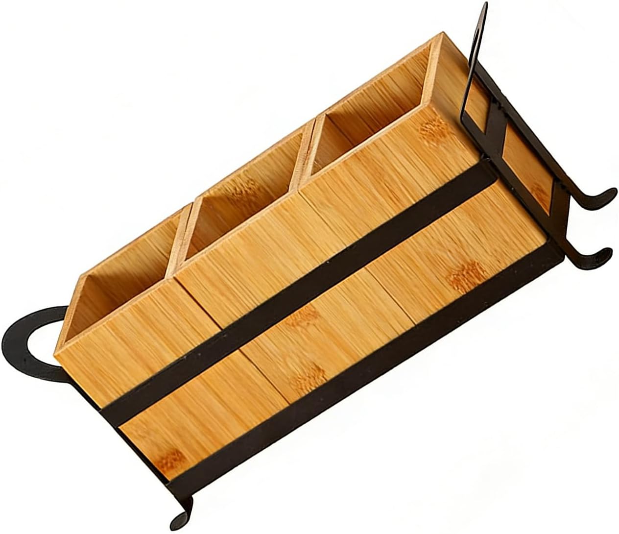 Traditional Wood and Metal Kitchen Counter Display for Knives Spoons Forks and Makeup Tools Compartmentalized Utensil Tray